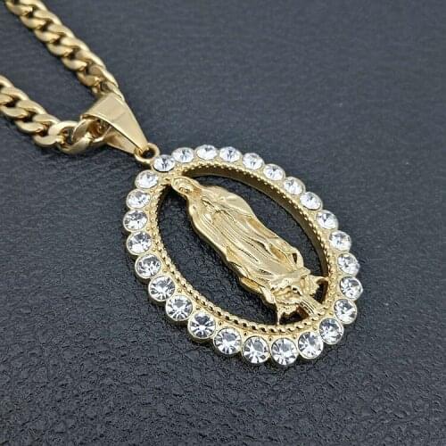 Hip hop Virgin Mary Stainless steel Pendant zircon Necklace for men Women Gold Our Lady Jewelry Wholesale Colar Trendy Chain