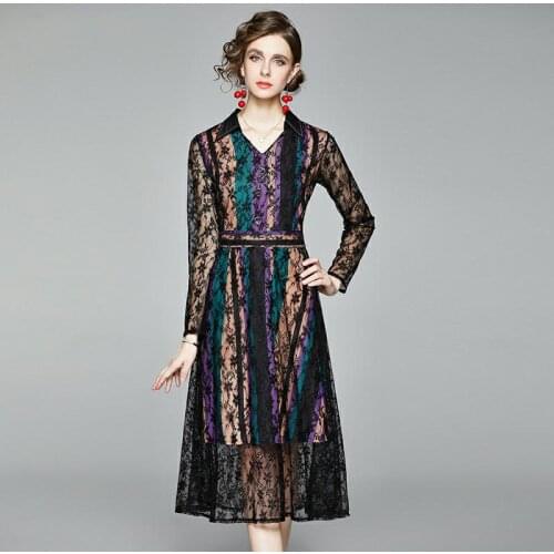 JSXDHK Elegant Women V Neck Lace Dress New Spring Colorful Striped Splicing Hollow Out Long Sleeve Vintage Party Midi Dresses