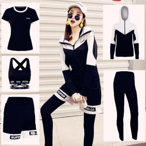 Plus size 5 piece yoga sets letter bra+t shirt+coat+shorts+pants sports wear for women gym clothing workout fitness clothing