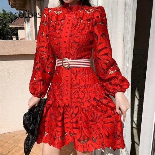 Red Lace Dress Women 2020 Sping Summer See Though Cutout Long Sleeve A Line Mini Dress Fashion Lace Dress Party Vestidos FW025