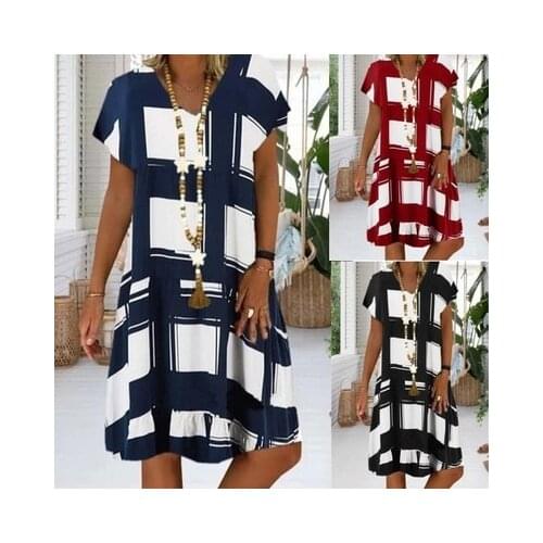 Summer Lattice Print Casual Dress Womens V-neck Short Sleeve Vintage Dresses Ladies Plus Size 5XL Beach Boho Loose Midi Dress