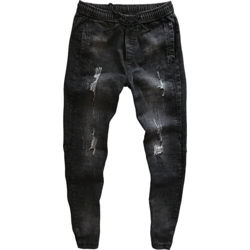 Hot 2021 Social spirit guy buckle jeans mens slim spring summer small feet harem pants Korean trend teenagers ripped trousers