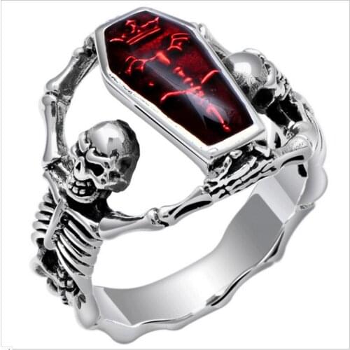 Fashion Punk Vampire Coffin Skull Ring Rock Style Vintage Mens Finger Ring Motor Biker Jewelry Accessories Gift