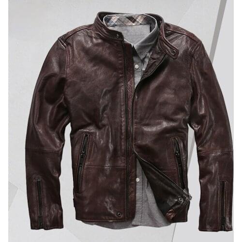 Spring and Autumn Stand Collar Brown Casual Leather Clothes Mens Motorcycle Goatskin Jacket Mens Jacket