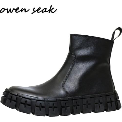 Owen Seak Men Casual Shoes High-TOP Ankle Chelsea Boots Leather Sneaker Luxury Trainers High Street Autumn Flat Black Shoes