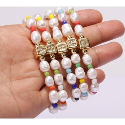 New Fashion Style Boho CZ Initial 26 Alphabet Letter Name Natural Freshwater Pearl Beaded Charm Unisex Bracelets For Women Gift