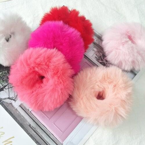 One Pair Fluffy Faux Fur Furry Scrunchies Soft Hand Made Fur Elastic Hair Bands Ring for Ladies Hair Ties