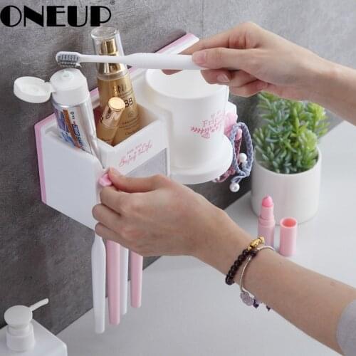 ONEUP Multi-Function Wall-Mounted Toothbrush Holder Squeezed Toothpaste Mouthwash Cup Bathroom Set
