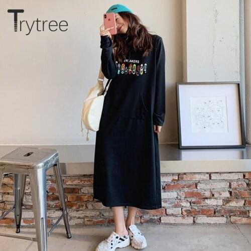 Trytree Spring Autumn Womens Dress Casual Fashion Printed Cotton Blended Straight Floral Mid-Calf Loose Hoodid Dress Streetwear