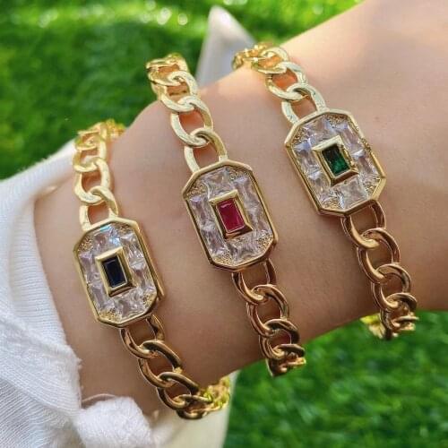 Gold Plated Metal Chunky Thick Brass Cuban Link Rainbow Cz Zircon Cuff Bracelet Bangle Adjustable For Women Jewelry