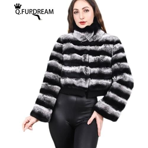 Q.FURDREAM 2020 Women Real Natural Rex Rabbit Fur Coat High Quality Rex Rabbit Fur Chinchilla Color Outerwear Warm Jacket