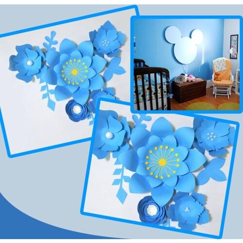 Handmade Blue Easy Made DIY Paper Flowers Blue Leaves Set For Nursery Wall Deco Baby Shower Boys Room Backdrop Video Tutorials