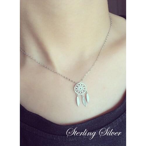 S925 sterling silver necklace with fashion feather dream catcher necklace non-fading jewelry for female birthday party gift