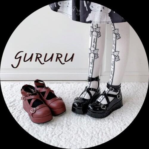 Lolita shoes vintage round head thick bottom women shoes cute bowknot cross bandage kawaii shoes loli cosplay kawaii girl