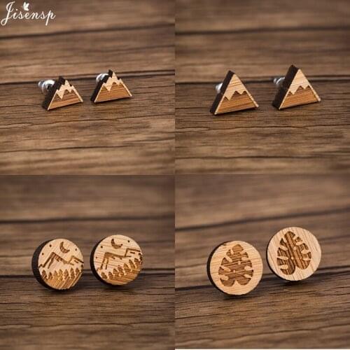 Jisensp Vintage Snow Mountain Wooden Earrings Fashion Jewelry for Women Geometric Stud Earrings Party Gift pendientes mujer