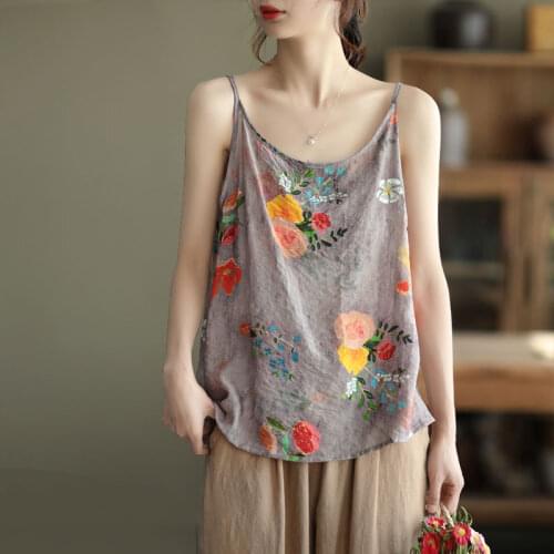 2021 Summer Vest Printed Floral O neck Sleeveless Tops Casual Thin Fashion Women Blouse YoYikamomo