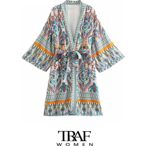 TRAF Za Women Fashion With Belt Totem Print Kimono Blouses Vintage Three Quarter Sleeve Side Vents Female Shirts Mujer