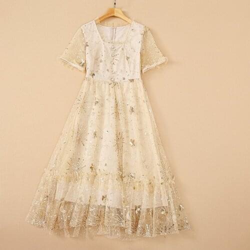 European and American womens wear for spring 2021 Short sleeve square collar heavy sequin Fashionable mesh dresses