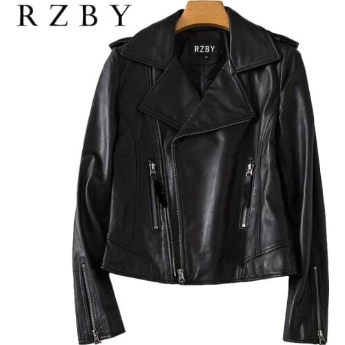 Women Autumn Genuine Leather Jacket Black Zipper Moto 자켓100% Real Natural Sheepskin Chaquetas Para Mujer Coat Streetwear RZBY272