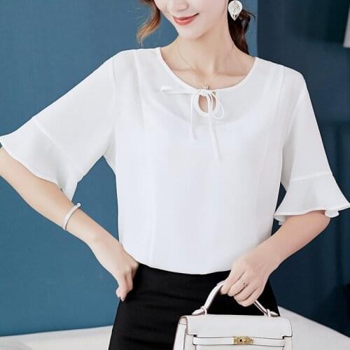 Spring Summer Korean Women Shirt Short Sleeve Bowknot Pure Color Blouse Female Fashion Slimming Leisure Chiffon Bottom Top H9081