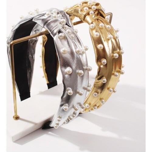 Punk PU Leather Hairbands Womens Hair Accessories Simulated Pearl Headband Gold Silver Color Knotted Hair Hoop Adults Headwear