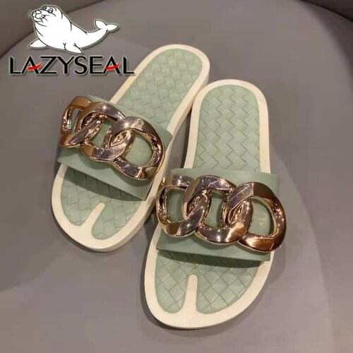 LazySeal Luxury Gold Chain Summer Flat With Slides Women Flip Flops Peep Toe Comfortable Slippers Shoes Slip On Zapato Mujer