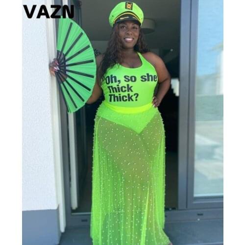 VAZN 2020 Summer Hot Special Plus Size Sexy Beach Solid Bodysuits Sleeveless Top Group Maxi Skirts Slim Women 2 Piece Set