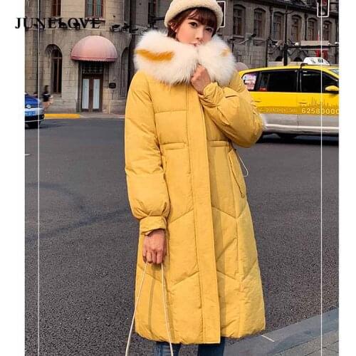 JuneLove Winter hooded women casual Down jacket ladies fur collar zippers long down coat female warm coat street wear outwears