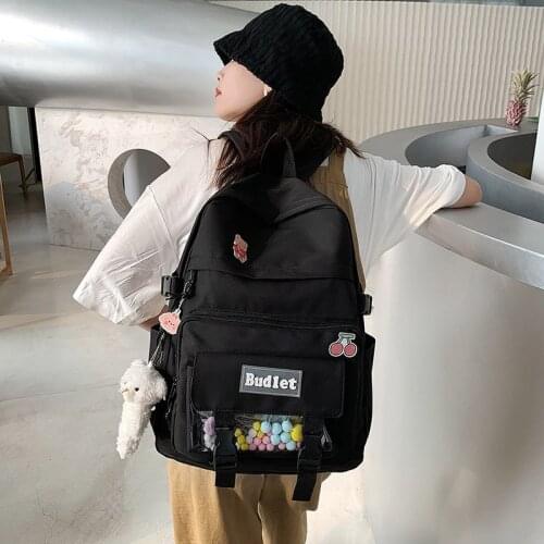 Harajuku Cute Badge Pin Womens Backpack Solid Color Nylon Large Capacity Student Bookbag 2021 Backpacks for Women School Bags