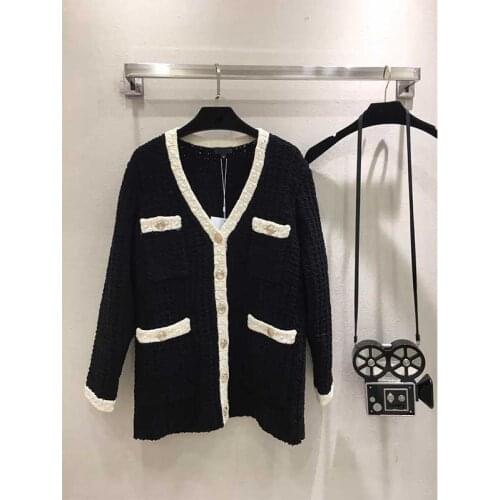 Cardigans 2021 Women Knitted Cashmere Black White Patchwork Long-Sleeve V-Neck Golden-button Pockets Sweater Outwear