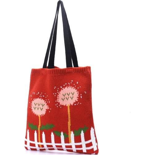 Female Knitting Floral Top-handle Tote Bag Women Winter Japanese Style Cute Sweet Kawaii Crochet Anime Shopping Shopper Handbag