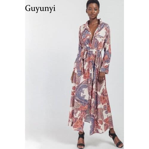 Guyunyi Punk Style European Turn-down Collar Digital Print Dress Long Sleeve Long Womens Shirt Dress CX1166