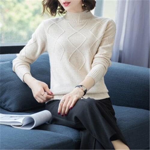 100%goat cashmere solid knit women sweet turtleneck slim pullover sweater beige 3color M-XL