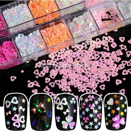 12 Grids/Set 6 AB Colors Glitter Empty Heart & Stars Sequins Acrylic Nail Art Holographic Paillette Slice Decoration DIY CT21