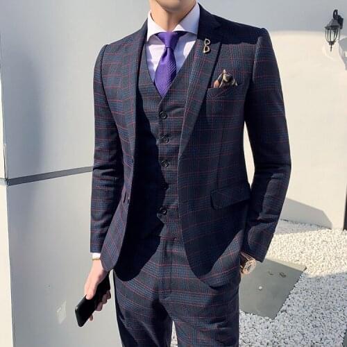 2019 Mens Plaid Suits High Quality Elegant Formal Work Suit Wedding Suit For Man Ternos Masculino Slim Fit Costume Homme 3 PCS