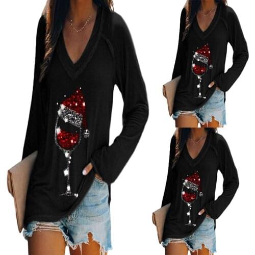 2021 Christmas T-shirt Fashion Womens Casual Loose V-Neck Red Wine Glass Print Long-Sleeve Female Pullovers Tees