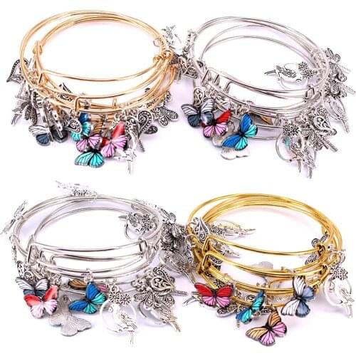 5pcs Bangle Set Wire Bracelets for Women Girls Jewelry Butterfly Parrot Dragonfly Love Heart Charms Bangles Cuff Jewlery C047