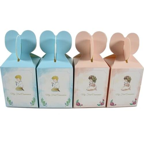 50pcs Light Pink Blue My First Communion Candy Boxes Girls Boys Gift Box Religious Baptism Party Festival Decoration Supplies