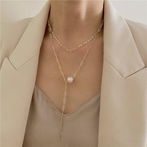 Vintage Gold Color Linked Chain Irregular Pearl Pendant Necklace for Women Girl 2 Layered Metal Alloy Pendant Choker Necklaces