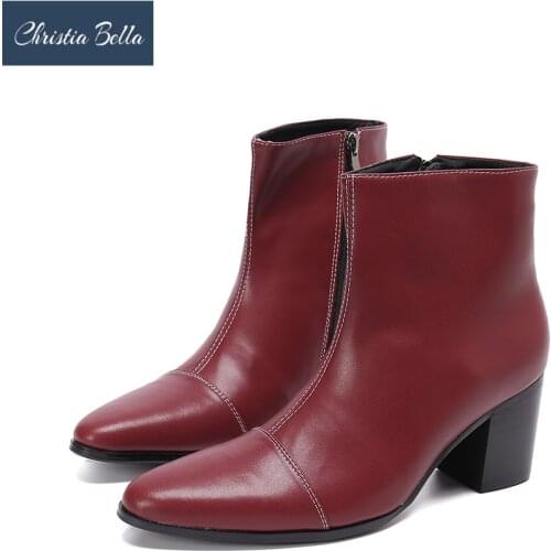 Christia Bella Red Genuine Leather Men High Heel Boots Pointed Toe Zipper Formal Boots Nightclub Party Man Short Boots Big Size