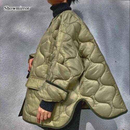Showmirror Autumn Winter Army Green Puffer Jackets for Women Casual Fashion Warm Breasted Cotton Quilted Coat Pockets Outwear