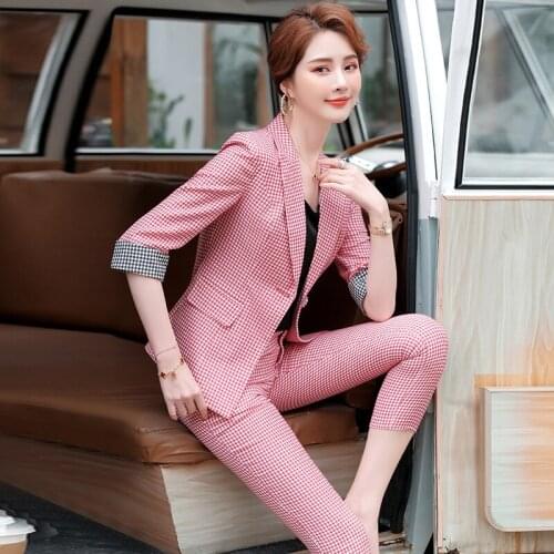 Formal Uniform Designs Pantsuits High Quality Fabric Plaid Spring Summer Half Sleeve Professional Business Work Wear Blazers Set