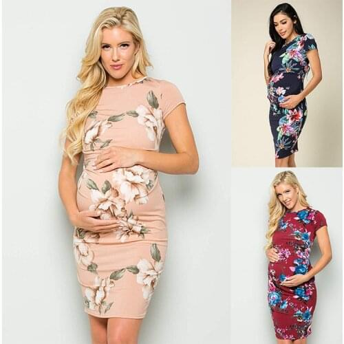 Summer European and American maternity dress explosion models new large size printed short-sleeved mid-skirt women