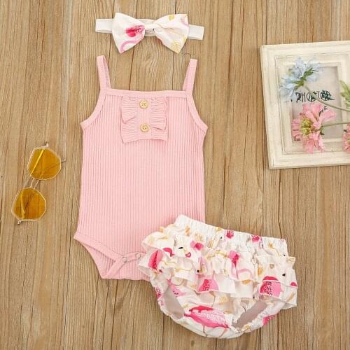 Summer Three Piece Baby Girls Clothes Set Sweet Solid Color Suspender Bodysuit and Flamingo Ruffle Shorts with Headband