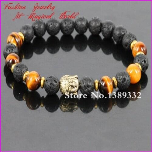 Mens Buddha bracelet, Nature Lava Stone Beads with Tigers Eye Bracelet,Gold-color Buddha Energy Yoga Stretch bracelet