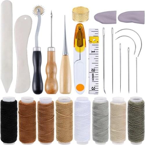 KAOBUY Leather Craft Tools Kit Waxed Thread Needles Bone Folder Wooden Handle Awl Hand Sewing Leather Craft Making Tools Set