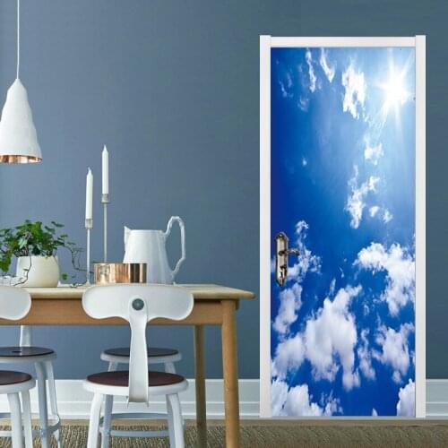 Fresh Blue Sky and White Clouds Door Stickers Renovation Waterproof Self Adhesive Living Room Decal Natural Scenery Door Poster