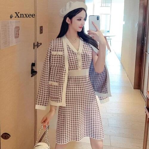 2021 Autumn and Winter New Womens Knitted 2-Piece Single-Breasted Cardigan Jacket Warm Sweater Jacket + Knitted Vest Dress