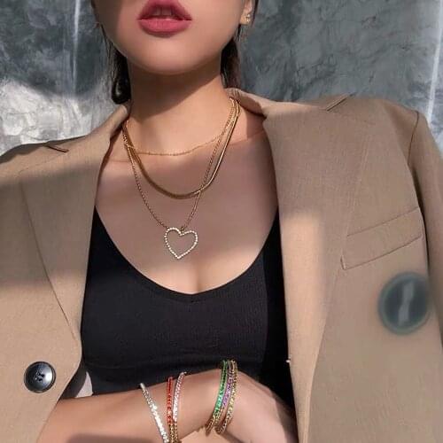 New Brand Kyperbole Necklace Big Crystal Heart Pendant Necklace for Women Punk Jewelry Multi Chains Chokers Necklaces Bijoux