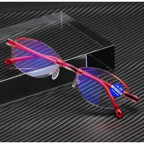 New Rimless Anti Blue Light Reading Glasses For Women Diamond Cutting Oval Presbyopia Eyeglasses Female Diopter 0 +1.0 To +4.0